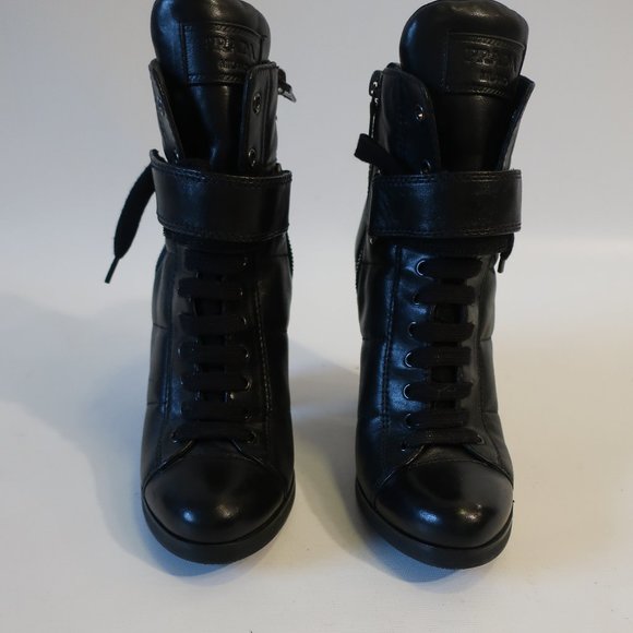 Womens Prada Black Leather Lace-Up Block Heeled Combat Booties 38.5 US/8.5 * - Picture 2 of 16
